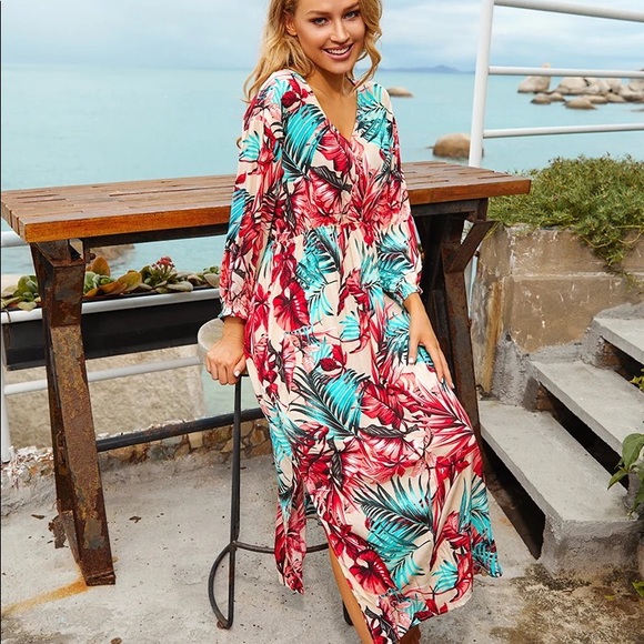 Cozumel Bright Tropical Floral Print Maxi Dress - Picture 2 of 10